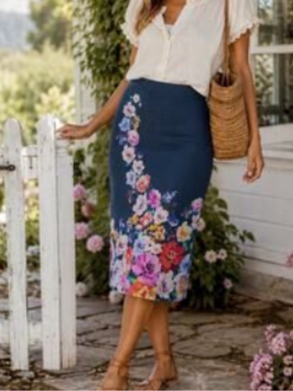 Sundance Teal Midi Pencil Skirt with Multicolor Floral Border
